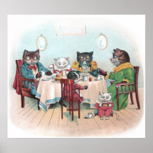 Katzen-Familie sitzt sich hin, um zu frühstücken Poster