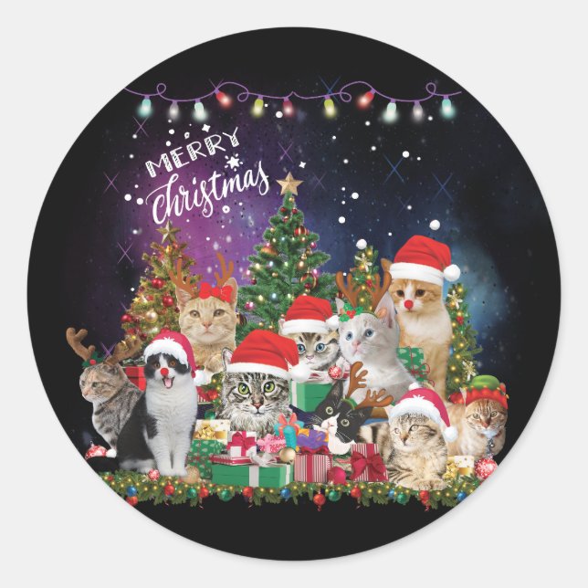 Katzen Frohe Weihnachtslicht Runder Aufkleber (Vorderseite)