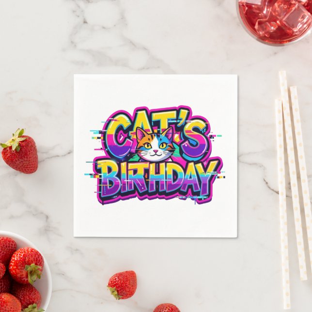 Katzen-Geburtstags-Regenbogen-Glitch Serviette (Beispiel)