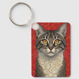 Katzen-Gesicht Nahaufnahme mit goldenen Kintsugi-M Schlüsselanhänger