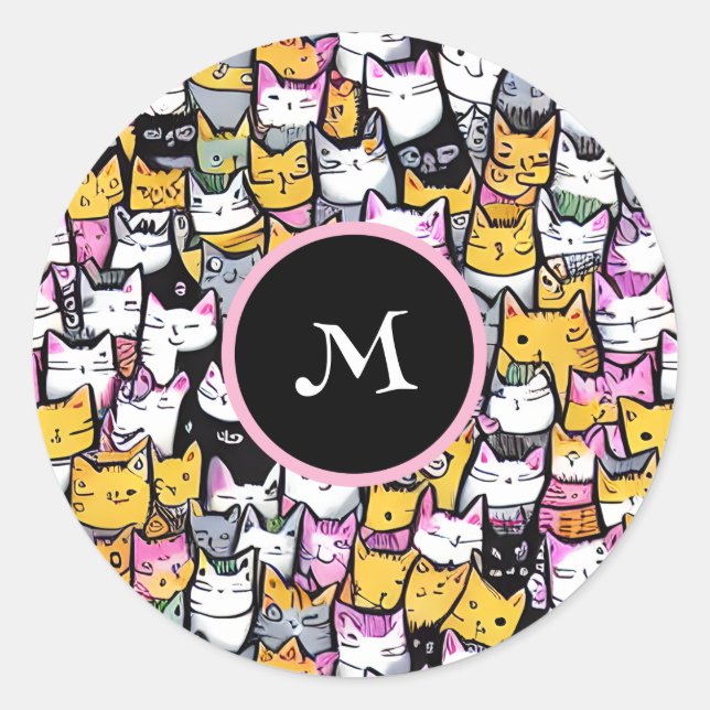 Katzen Gesichter Doodmuster Feline Pets Monogramm  Runder Aufkleber (Vorderseite)