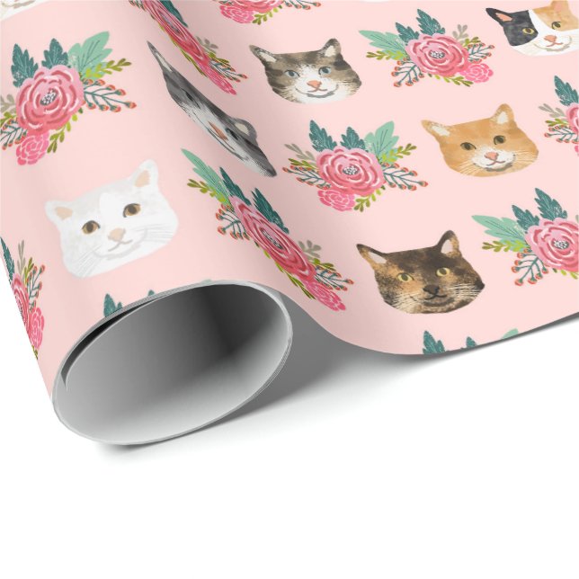 Katzen haben rosa Flora Geschenkpapier (Rolleneckpunkt)