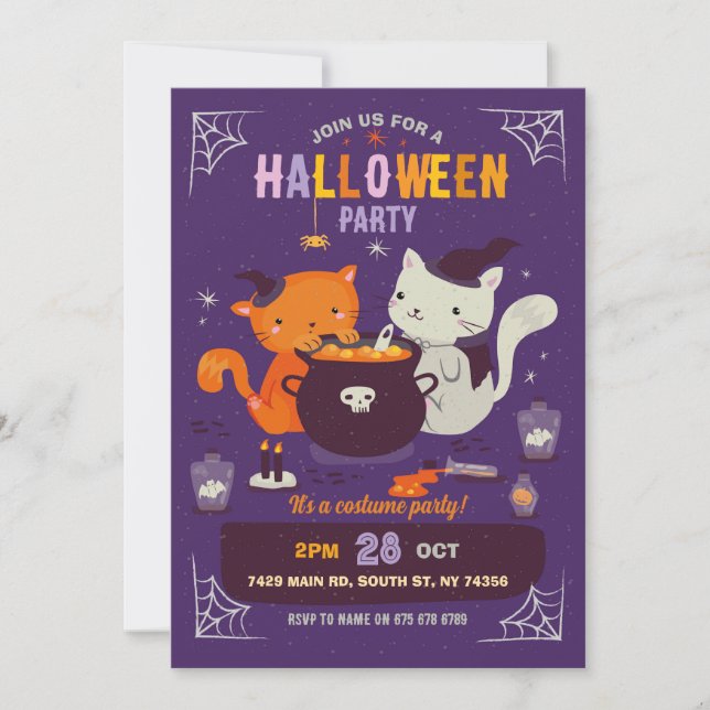 Katzen Halloween-Party Kinder Spaß Hexen Cauldron Einladung (Vorderseite)