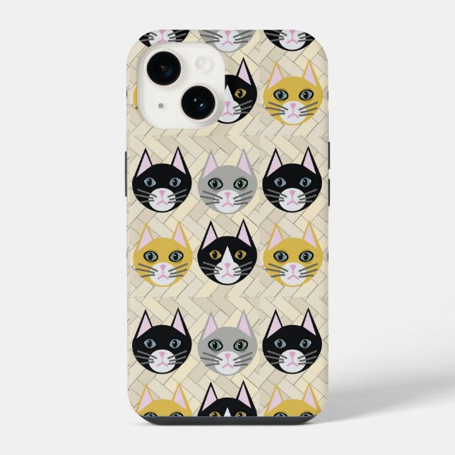 Katzen Heringbone Beige iPhone 14 Hülle (Rückseite)