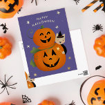 Katzen Hexe und glückliches Halloween der Kürbisla Folien Feiertagspostkarte<br><div class="desc">Niedlicher Halbwettgrüßen für Kinder mit Hexenkatze und echter Goldfolie-Sterne</div>