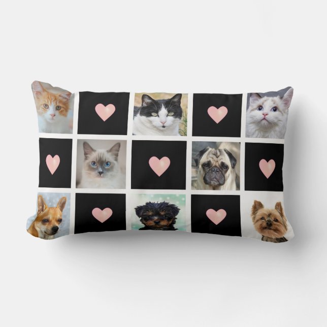 Katzen & Hunde Fotos mit Herz auf Schwarz Lendenkissen (Vorderseite)