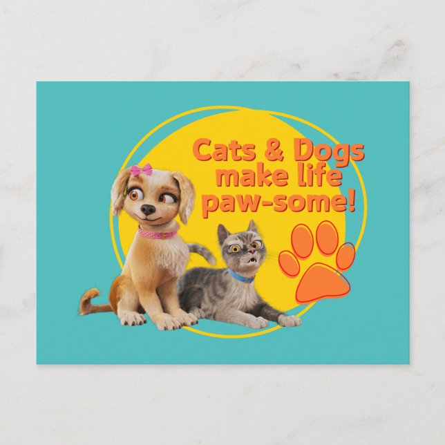 Katzen & Hunde machen das Leben zum Kinderspiel! Postkarte (Vorderseite)