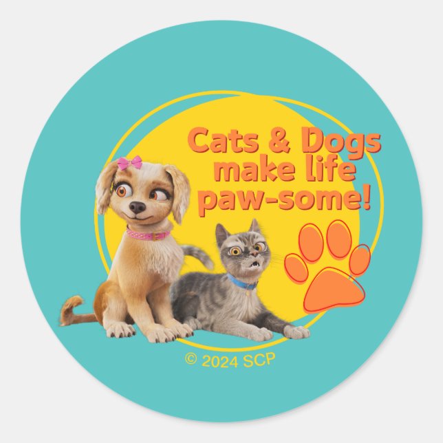 Katzen & Hunde machen das Leben zum Kinderspiel! Runder Aufkleber (Vorderseite)