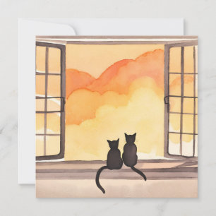 Katzen im Fenster   Sonnenuntergang Wasserfarbe Si Karte