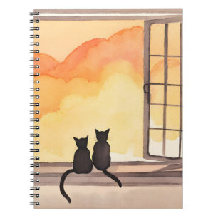 Katzen im Fenster   Sonnenuntergang Wasserfarbe Si Notizblock