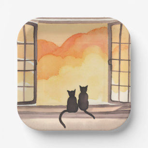 Katzen im Fenster   Sonnenuntergang Wasserfarbe Si Pappteller