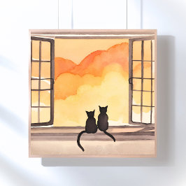 Katzen im Fenster | Sonnenuntergang Wasserfarbe Si Poster