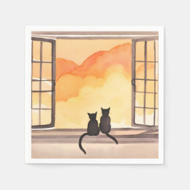 Katzen im Fenster | Sonnenuntergang Wasserfarbe Si Serviette