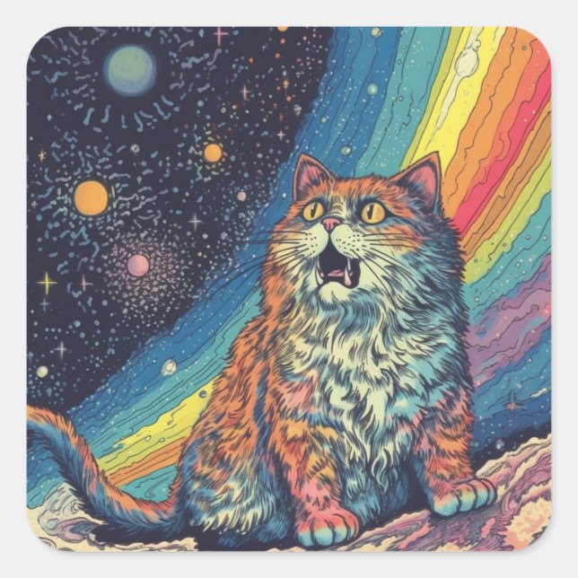 Katzen im Raum mit Regenbogen Quadratischer Aufkleber (Vorderseite)
