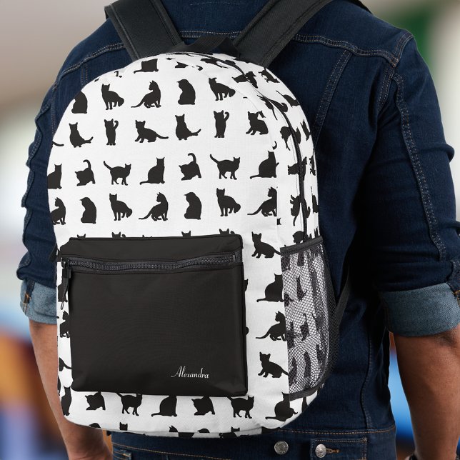 Katzen im Schwarzen Silhouette Muster mit Vorname Bedruckter Rucksack (Von Creator hochgeladen)