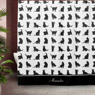 Katzen im Schwarzen Silhouette Muster mit Vorname Duschvorhang
