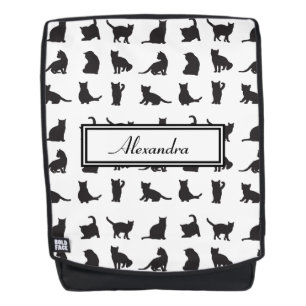 Katzen im Schwarzen Silhouette Muster mit Vorname Rucksack