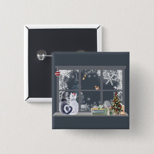 Katzen im Weihnachtsfenster Button (Vorne & Hinten)