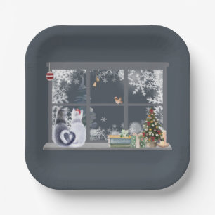 Katzen im Weihnachtsfenster Pappteller