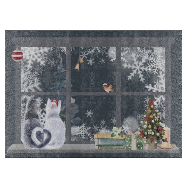 Katzen im Weihnachtsfenster Schneidebrett (Vorderseite)