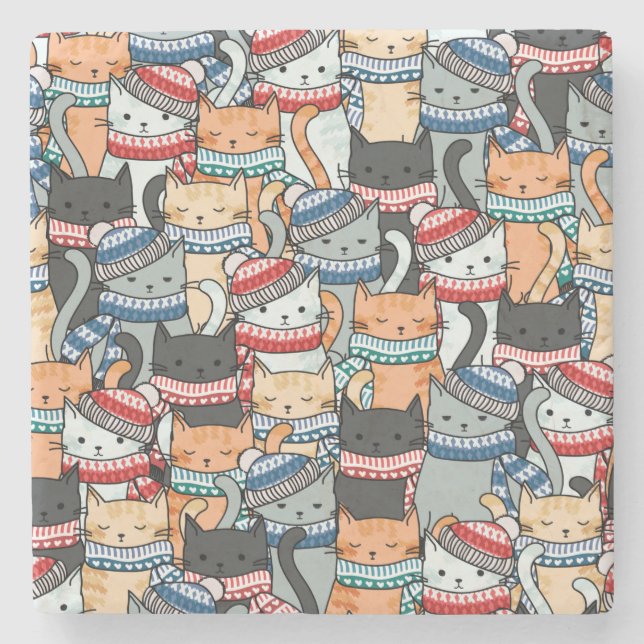 Katzen im Winter-Skarven & Hats-Muster Steinuntersetzer (Vorderseite)