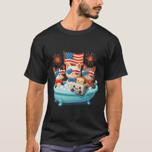 Katzen in Bathtub Anime American Flag USA Patriot T-Shirt