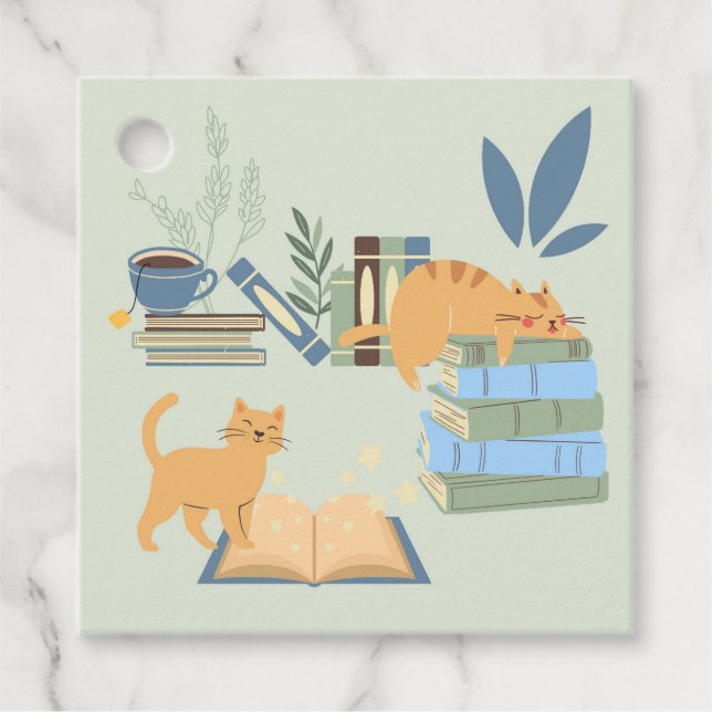 Katzen in Büchern Geschenkanhänger (Vorderseite)