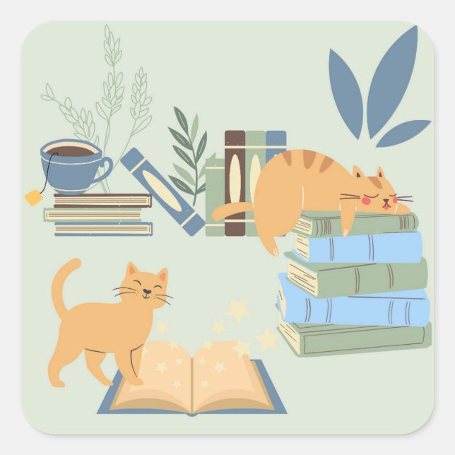 Katzen in Büchern Quadratischer Aufkleber (Vorderseite)