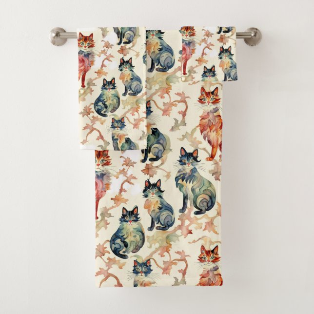 Katzen in einem chinesischen Aquarellmuster Badhandtuch Set (Insitu)