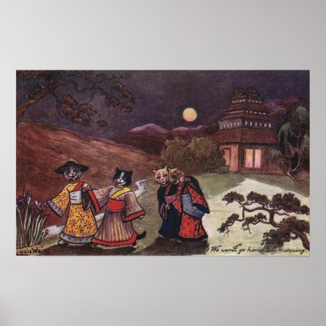 Katzen in Kimonos verspäten Nachtspaziergang Poster (Vorne)