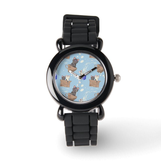 Katzen in Kiste und Milchfallen auf blau Armbanduhr (Vorderseite)