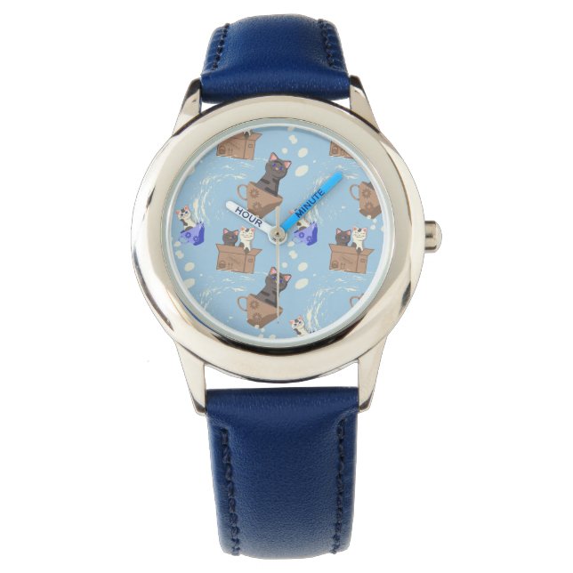 Katzen in Kiste und Milchfallen auf blau Armbanduhr (Vorderseite)