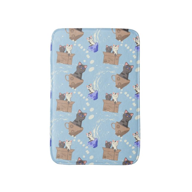Katzen in Kiste und Milchfallen auf blau Badematte (Vorderseite Vertikal)