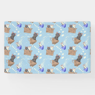 Katzen in Kiste und Milchfallen auf blau Banner