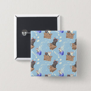 Katzen in Kiste und Milchfallen auf blau Button