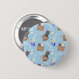 Katzen in Kiste und Milchfallen auf blau Button
