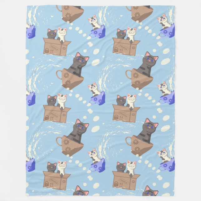 Katzen in Kiste und Milchfallen auf blau Fleecedecke (Vorderseite)