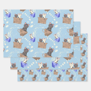 Katzen in Kiste und Milchfallen auf blau Geschenkpapier Set