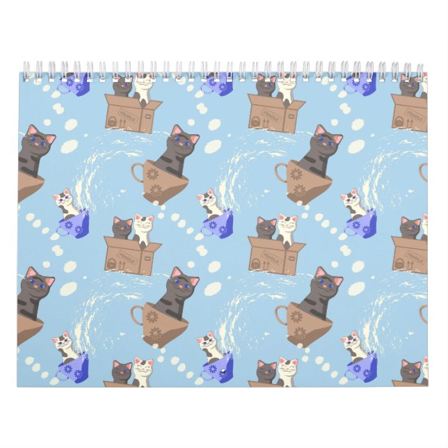 Katzen in Kiste und Milchfallen auf blau Kalender (Titelbild)