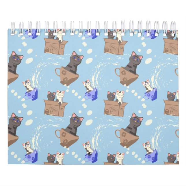Katzen in Kiste und Milchfallen auf blau Kalender (Titelbild)