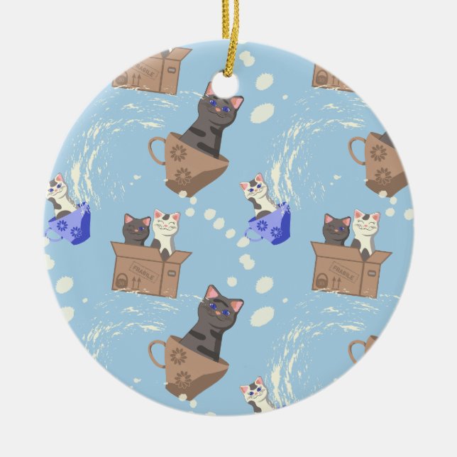 Katzen in Kiste und Milchfallen auf blau Keramik Ornament (Vorne)