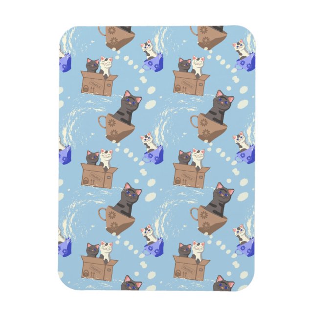 Katzen in Kiste und Milchfallen auf blau Magnet (Vertikal)