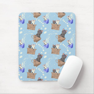 Katzen in Kiste und Milchfallen auf blau Mousepad