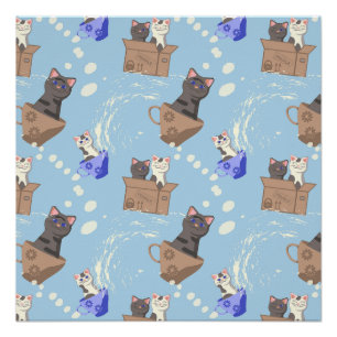 Katzen in Kiste und Milchfallen auf blau Poster