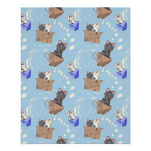 Katzen in Kiste und Milchfallen auf blau Poster