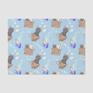 Katzen in Kiste und Milchfallen auf blau Seidenpapier