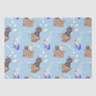Katzen in Kiste und Milchfallen auf blau Seidenpapier