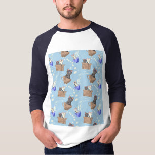 Katzen in Kiste und Milchfallen auf blau T-Shirt