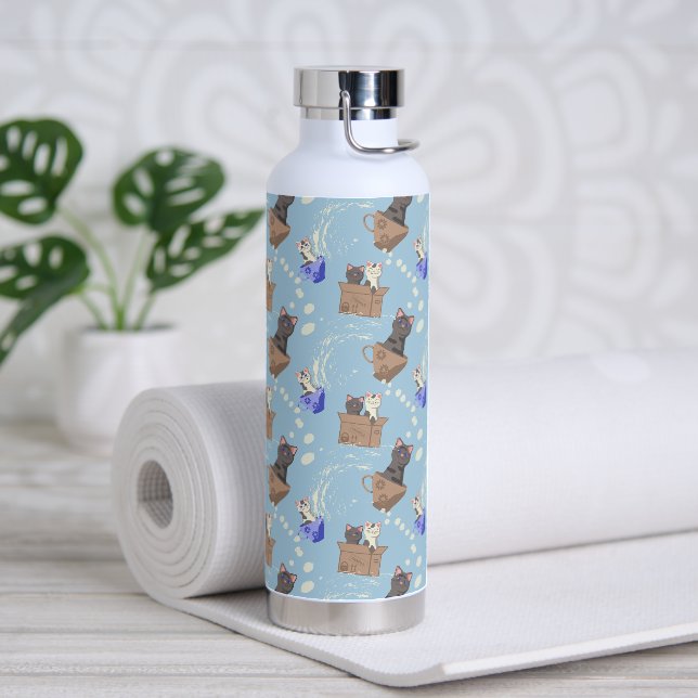 Katzen in Kiste und Milchfallen auf blau Trinkflasche (Yoga)