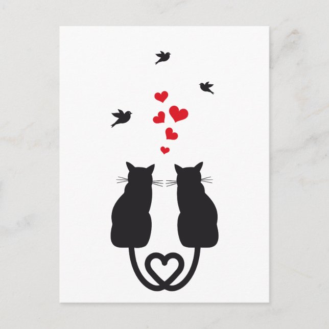 Katzen in Liebe mit Herzen und Vögeln Postkarte (Vorderseite)